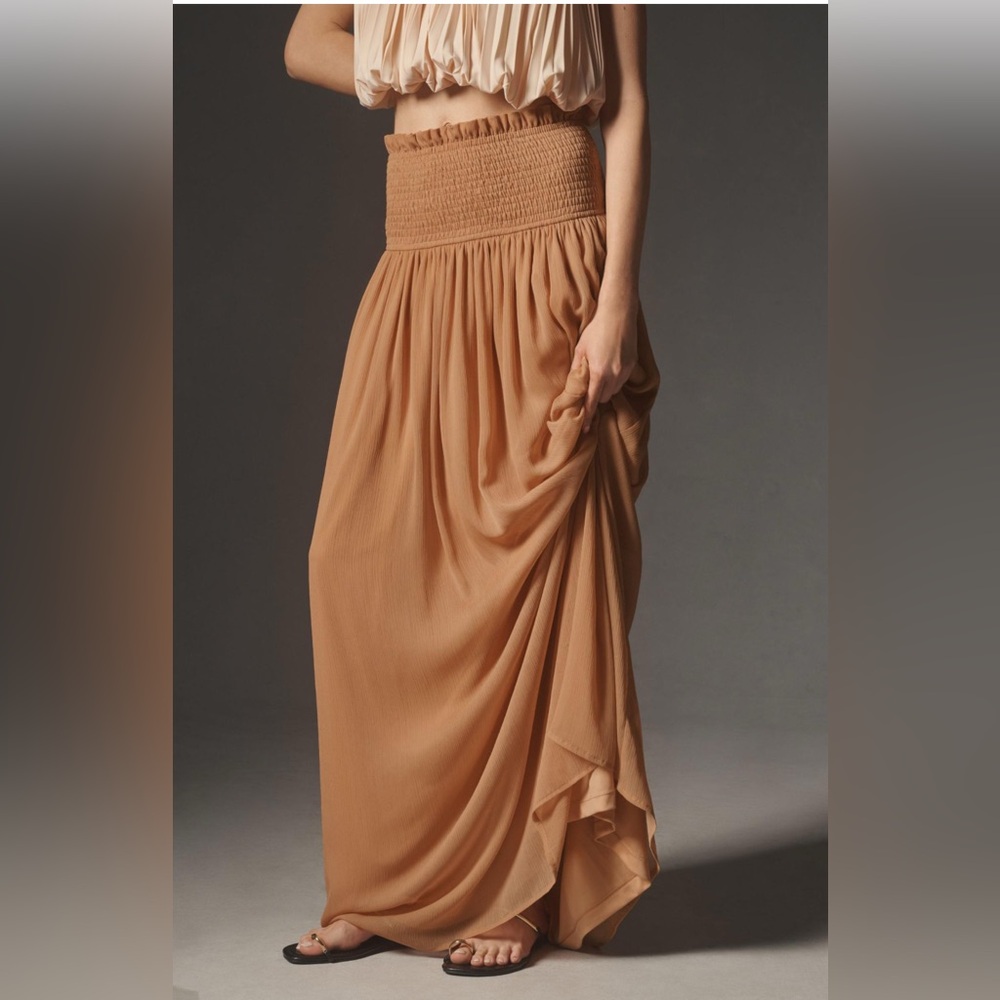 Anthropologie Two-Tone Pleated Maxi Skirt Dress in Beige and Camel - Picture 6 of 12
